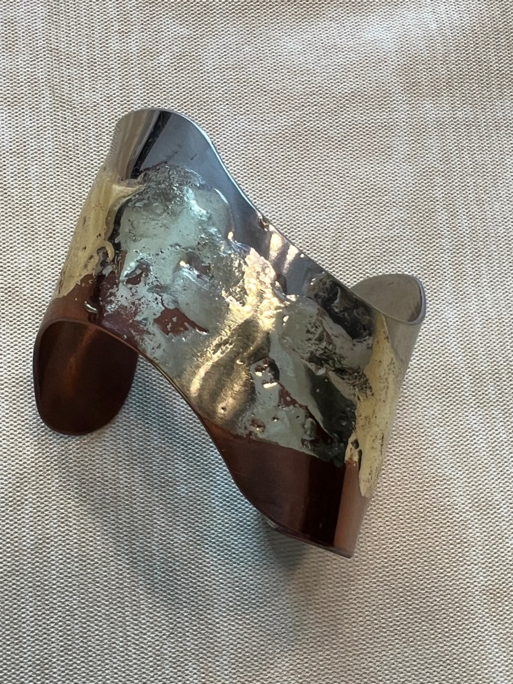 Allen Jacobsen 1987 Modernist Brutalist  Silver Copper Brass Wide Cuff Bracelet